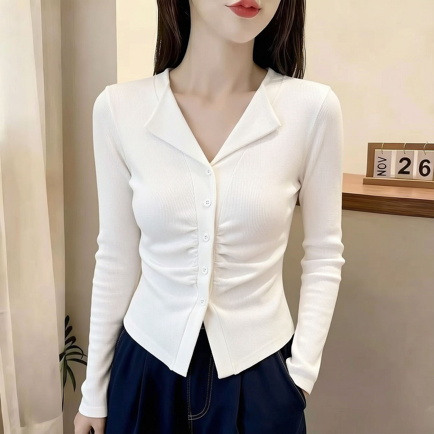 翻领V领收腰显瘦长袖上衣女装春秋新款时尚通勤t恤衣服打底衫辣妹