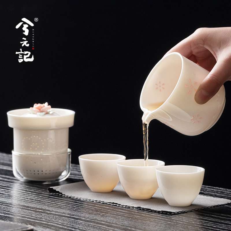 玉瓷玲珑旅行茶具套装一人饮女士捏花快客杯一壶三杯便携喝茶装备