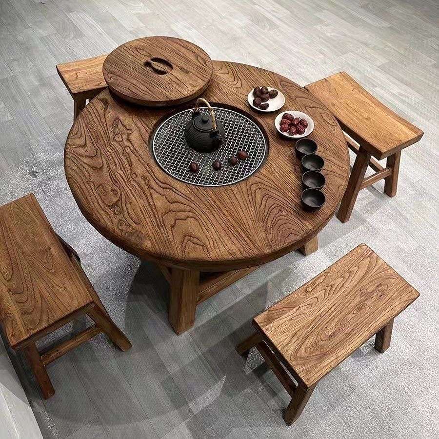 老榆木围炉煮茶烧烤火锅桌实木复古圆形茶桌新中式简约原木小圆桌
