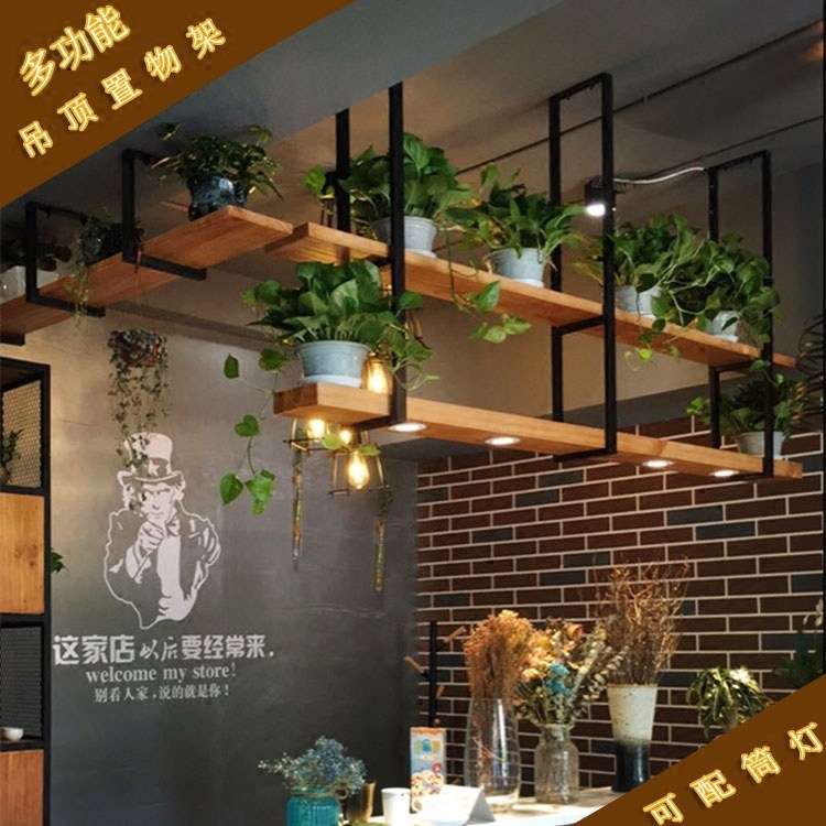 铁艺实木置物架酒吧酒架壁挂搁板吊架餐厅吧台悬挂松木灯架装饰柜
