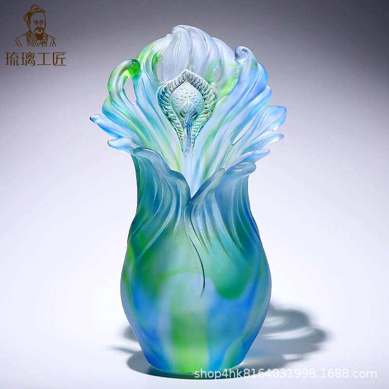 琉璃艺术摆件创意家居装饰品客厅电视柜工艺品插干花孔雀羽毛花瓶