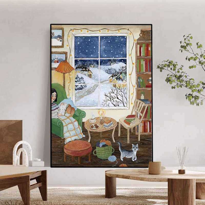 北欧风窗外雪景客厅装饰画温馨的家餐厅卧室书房壁画玄关小众挂画