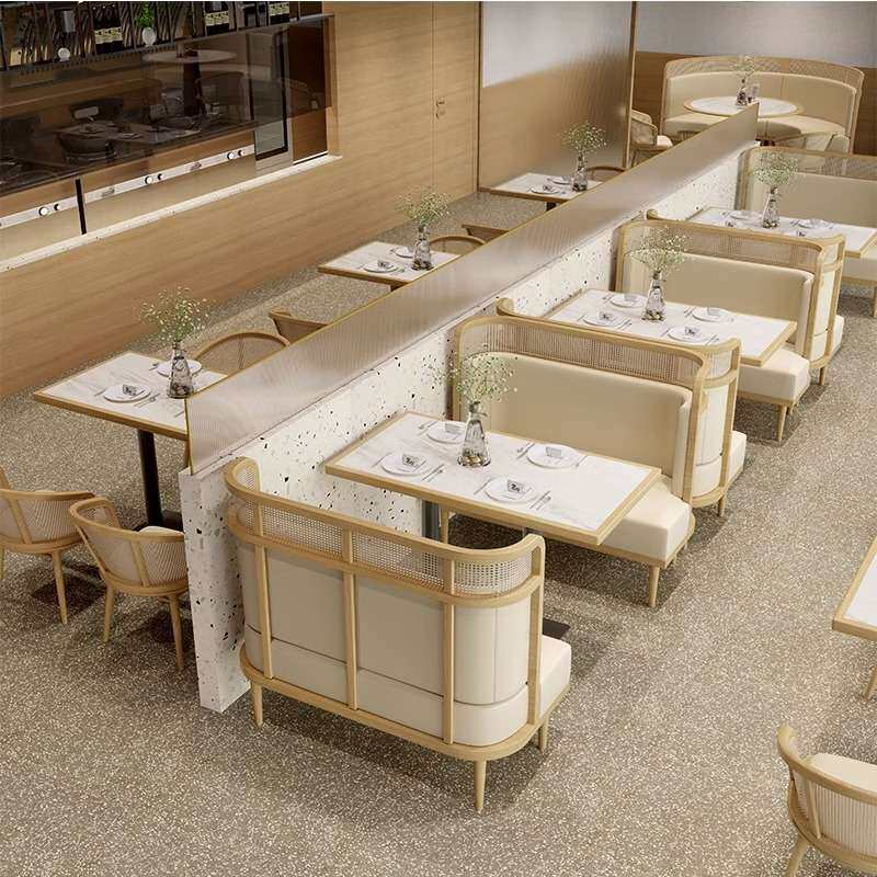 北欧餐厅成套餐桌椅实木藤编餐椅油蜡皮卡座主题民宿餐饮店桌椅