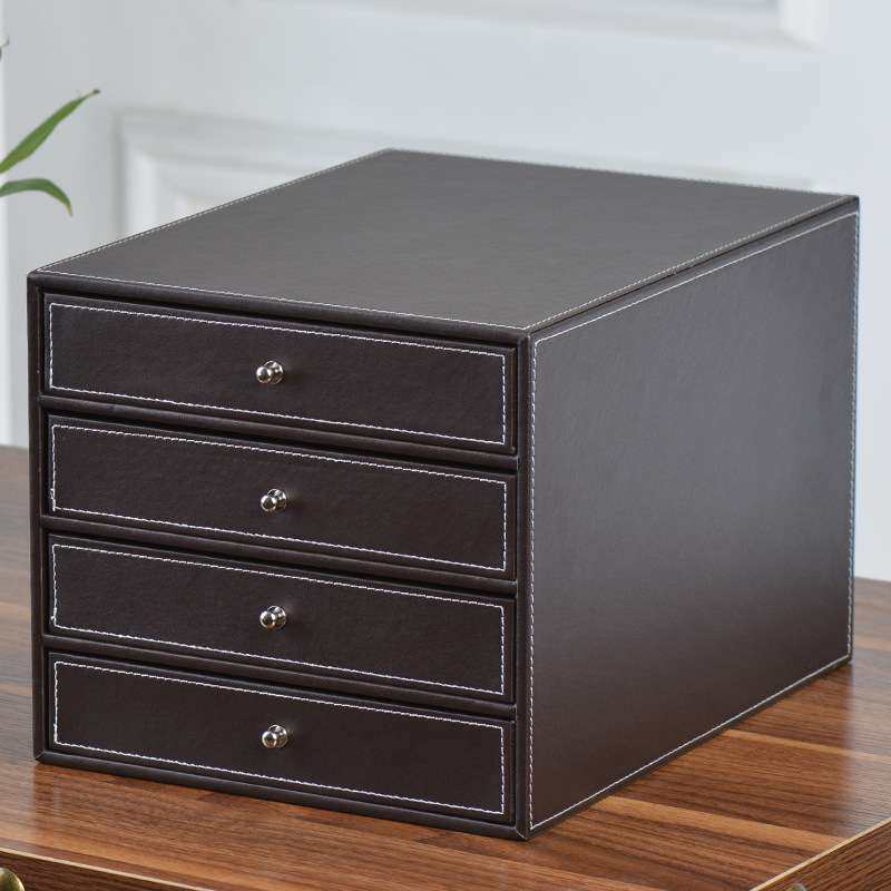 高档皮质桌面文件柜 四层抽屉柜 A4资料多层欧式皮革黑色首饰盒