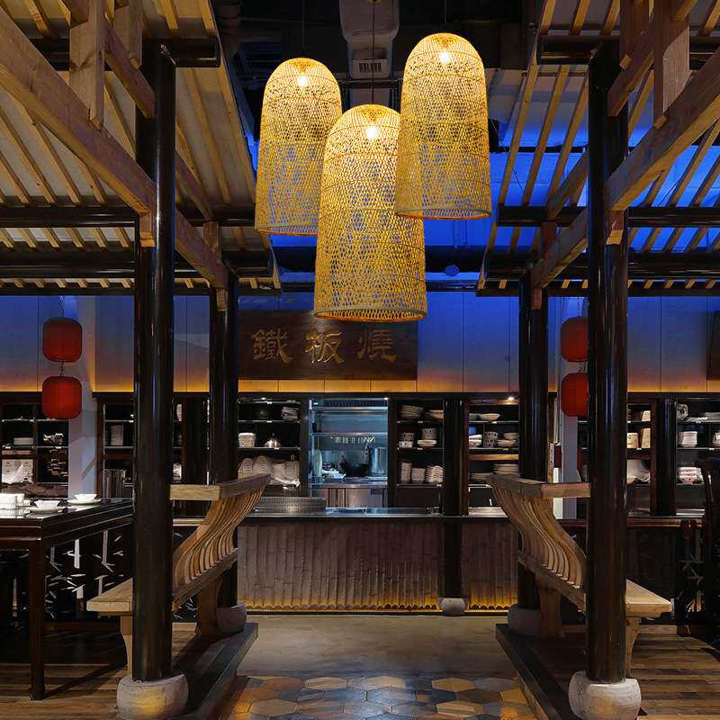 禅意竹编吊灯竹灯新中式灯笼酒店茶楼梯饭店日式藤艺编织灯罩灯具