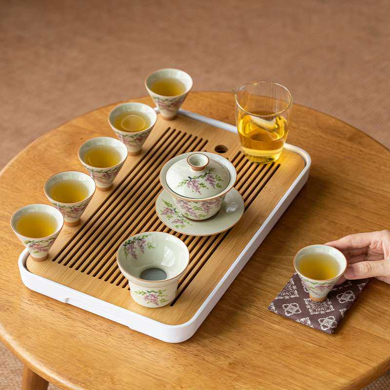 草木灰釉下彩手绘紫藤花盖碗茶具套装家用陶瓷茶盘茶具泡茶套组
