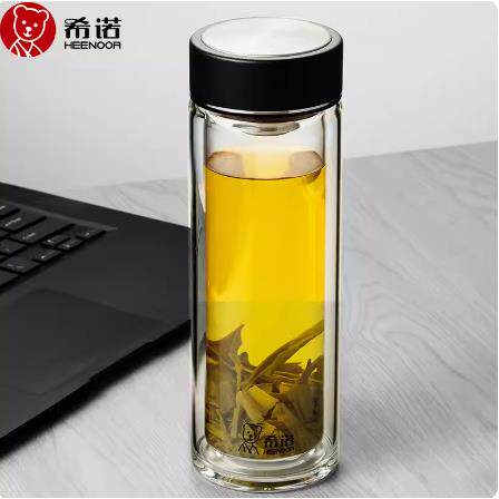 希诺双层钢盖玻璃杯经典金属盖过滤泡茶杯子款高档送礼6616 6617
