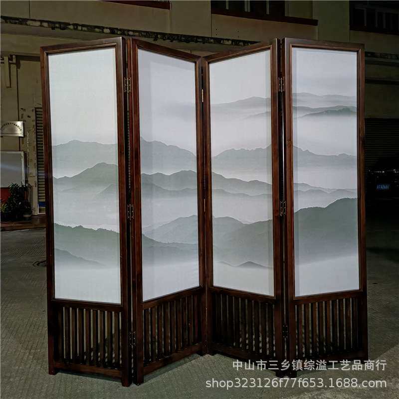 松木边框打印半透明绢画山水屏风厅会议室客厅背景隔断可移动折屏
