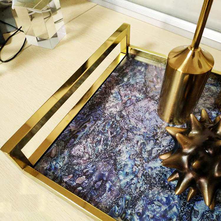 钛金色五金木板印花托盘家装轻奢现代简约创意软装饰品样板房摆件
