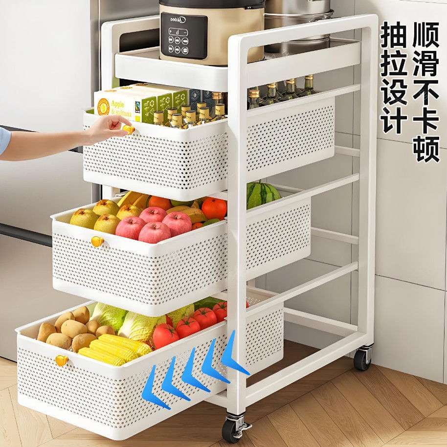 家用多功能厨房置物架落地多层可移动小推车收纳架蔬菜篮子储物架