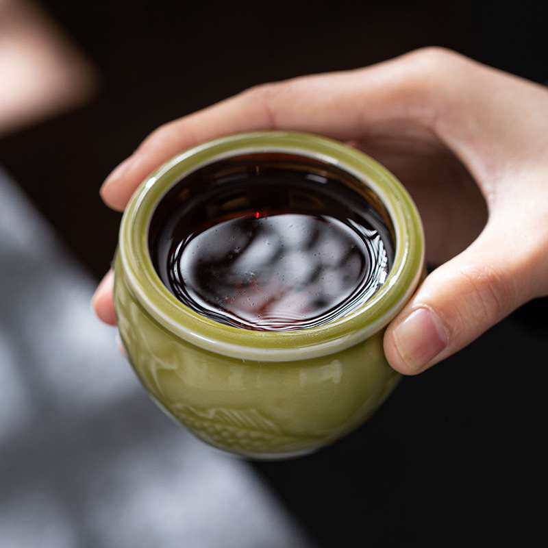 青瓷茶杯主人杯茶盏镶嵌银饰莲花风水缸杯陶瓷茶具家用小茶碗德化