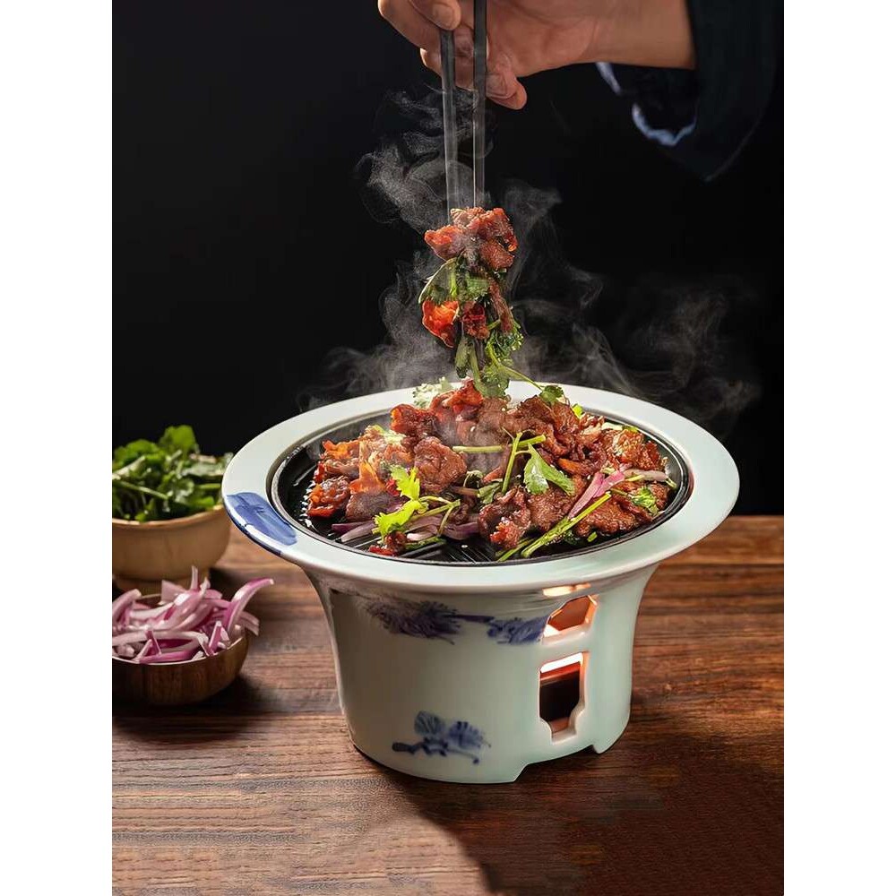 新中式铁板烧盘子青花陶瓷明炉牛排炙子烤肉加热保温创意餐具
