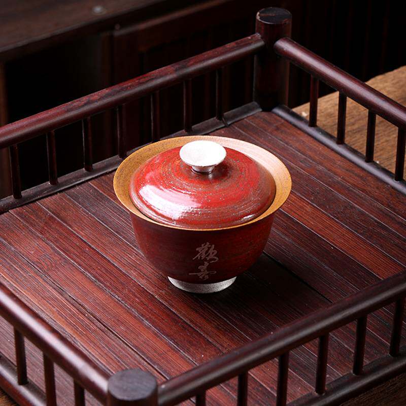 原矿红粉引二才银字粗陶茶碗