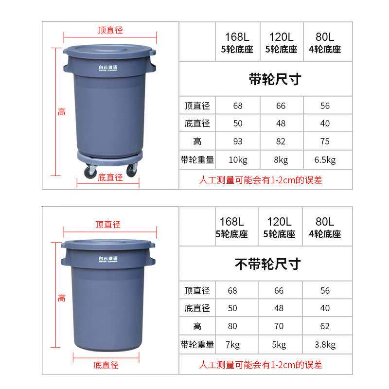 白云圆形垃圾桶大号有盖带轮120 168L环卫商用户外工业家用塑料筒