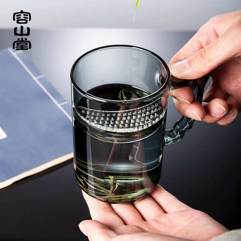 容山堂玻璃月牙杯过滤茶杯一体式带把办公杯专用绿茶杯泡茶杯套装
