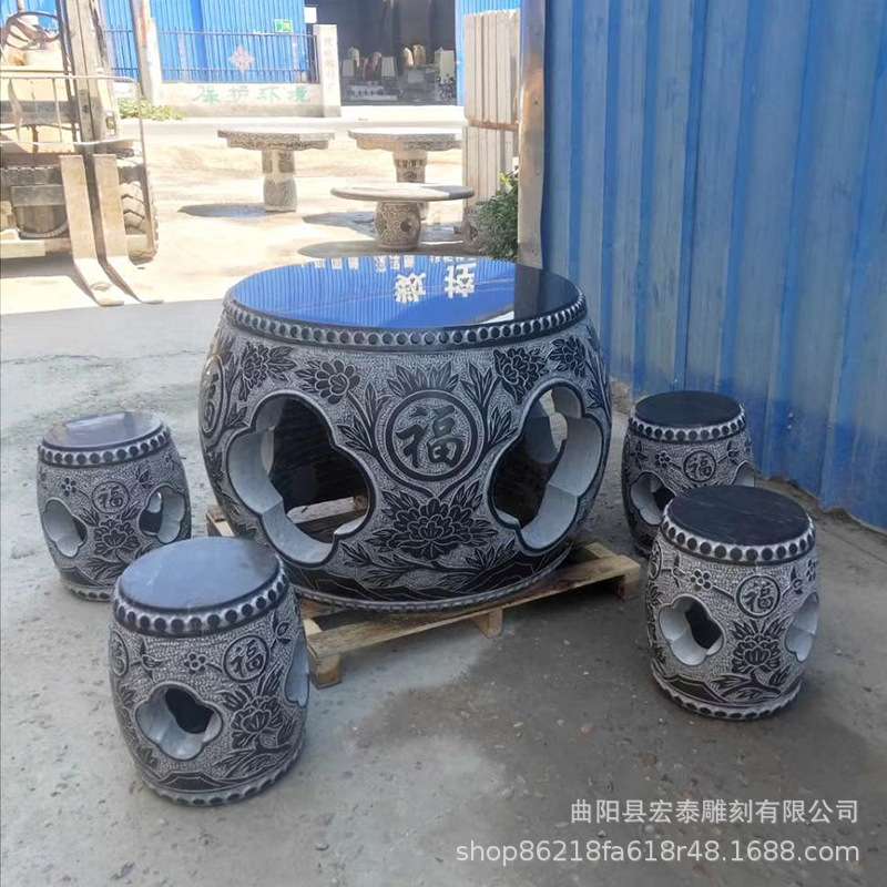 厂家石桌石凳大理石桌椅青石鼓形石桌凳仿古室外庭院花园摆件