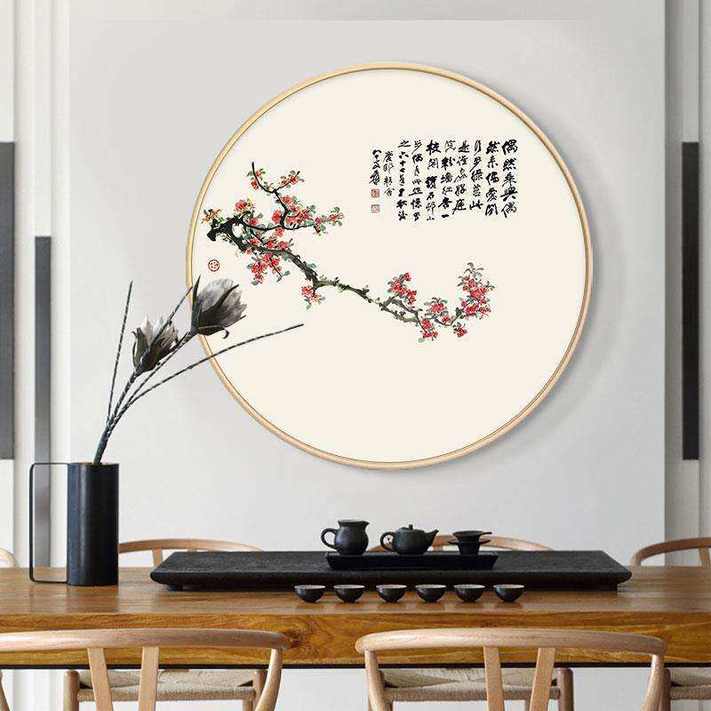 新中式玄关走廊书房茶室禅意水墨花鸟挂画客厅装饰画实木圆形壁画