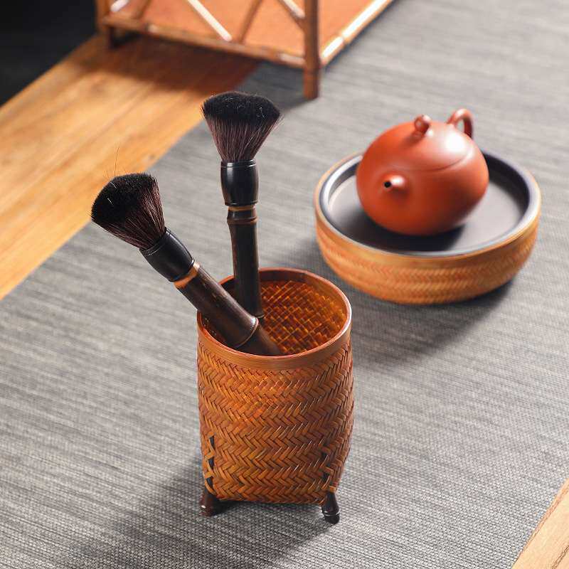纯手工竹编大漆六君子茶筒中式复古收纳筒笔筒茶席书画筐插花竹筐
