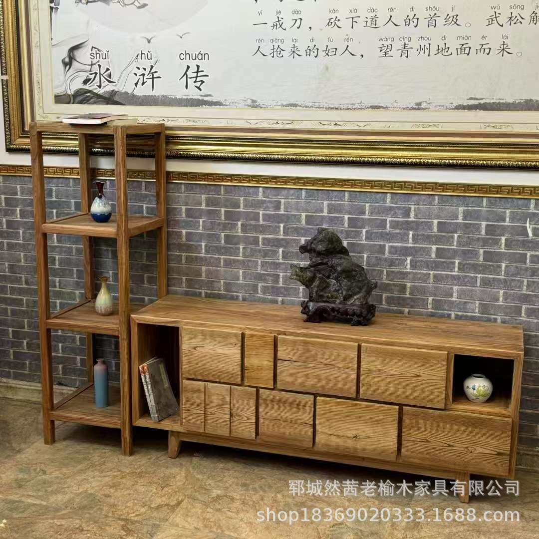 新中式老榆木电视柜客厅装饰老门板餐边柜实木做旧落地储物玄关柜