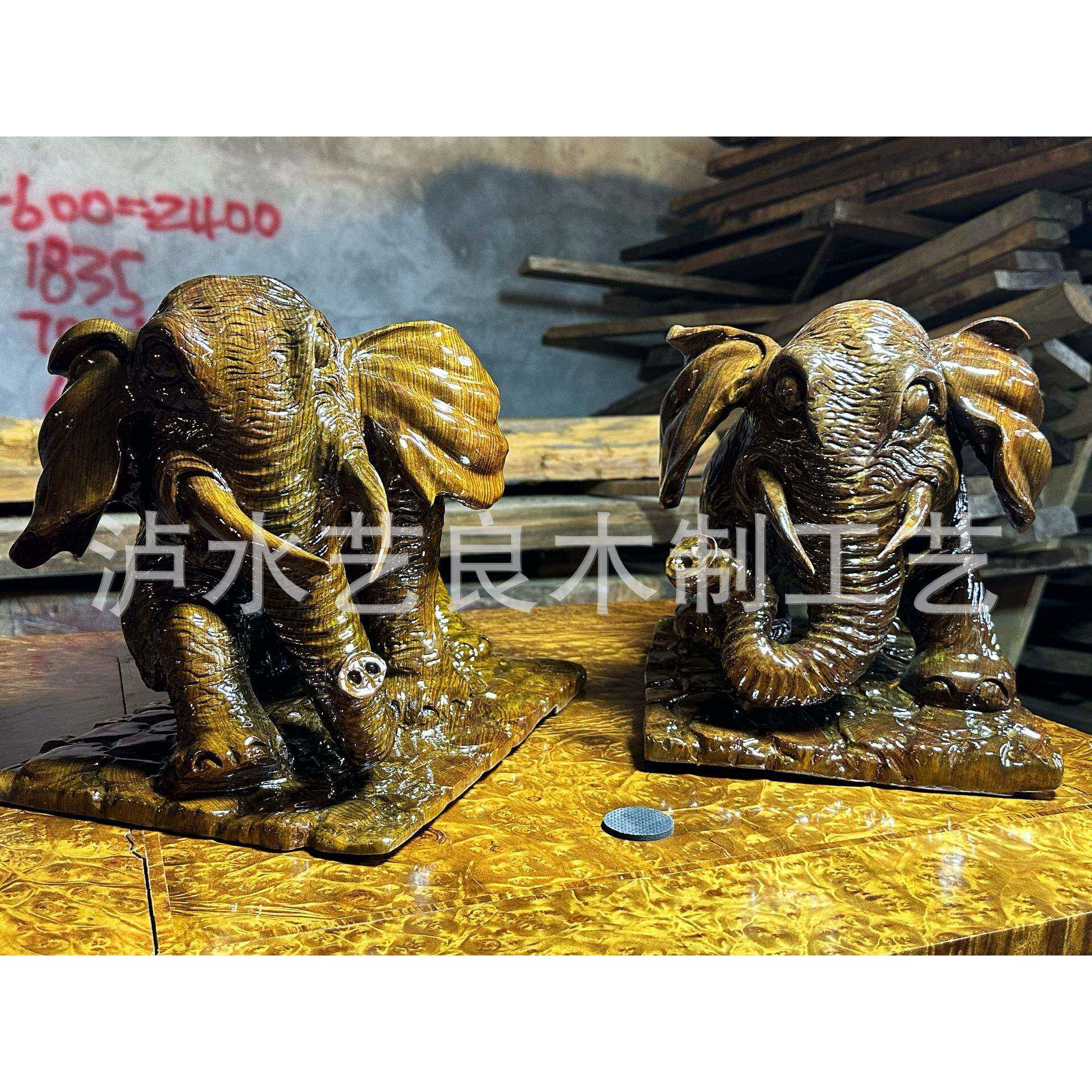 阴沉金丝楠木一体制作摆件 乌木雕件 一木两件整体刻画 大象两件