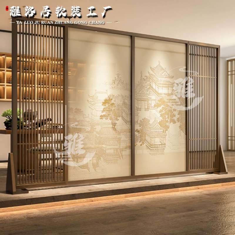 新中式客厅餐厅隔断半透明花鸟实木屏风现代简约茶室圆形装饰灯画
