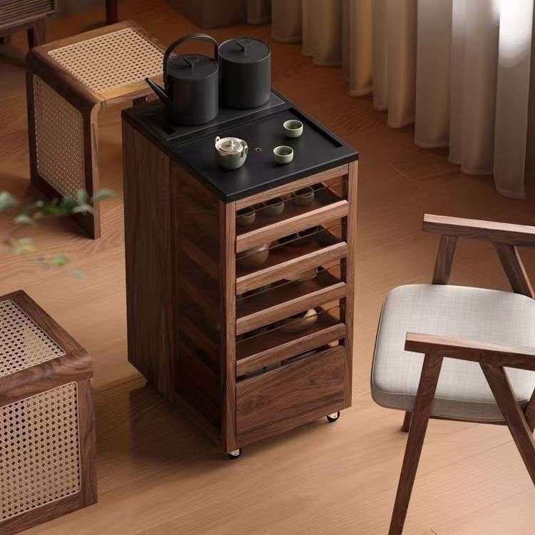 光影实木茶具展示柜可移动边柜黑胡桃木茶桌茶台茶水柜客厅烧水
