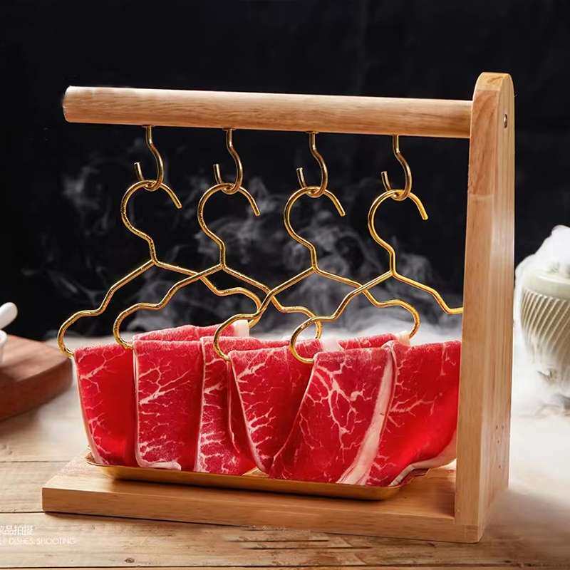 网红商用创意特色韩时烤肉餐具长方形木质金色挂架五花肉盘子