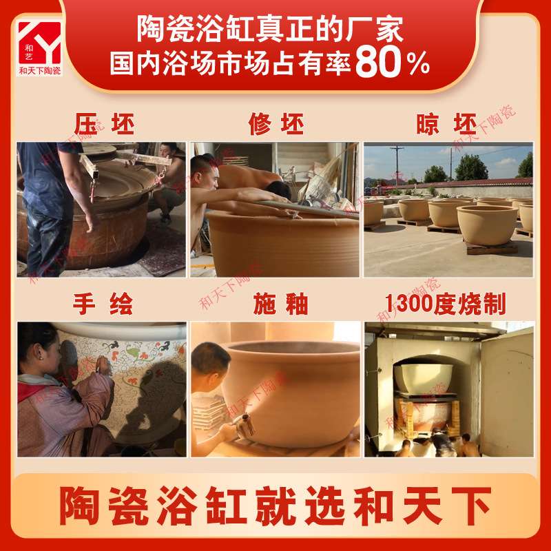 景德镇陶瓷泡澡缸厂家 1.3m户外直筒浴缸洗澡缸温泉洗浴大缸