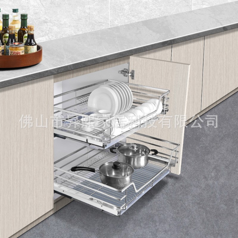 不锈钢拉篮e碗篮厨房橱柜对开门式碗碟拉篮缓冲阻尼轨道四边拉篮