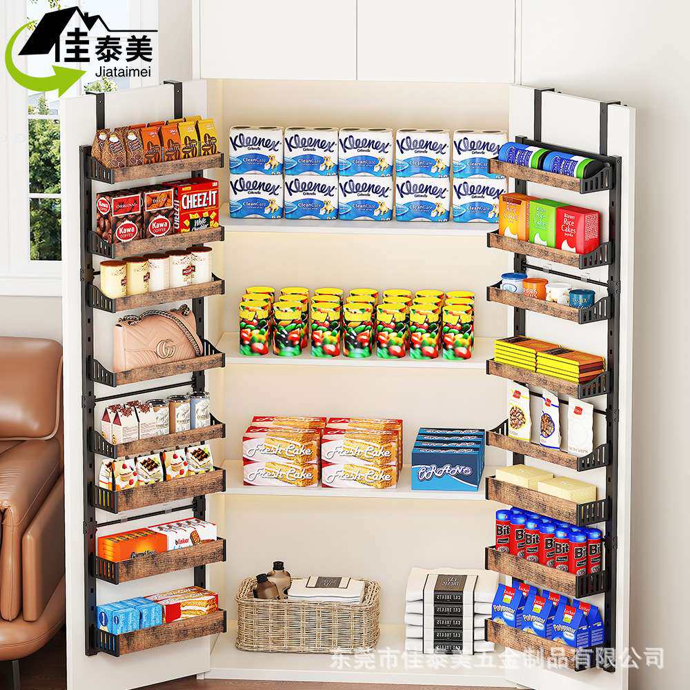 壁挂式门上置物架收纳可调节木质厨房食品柜挂篮悬挂式夹缝调料架