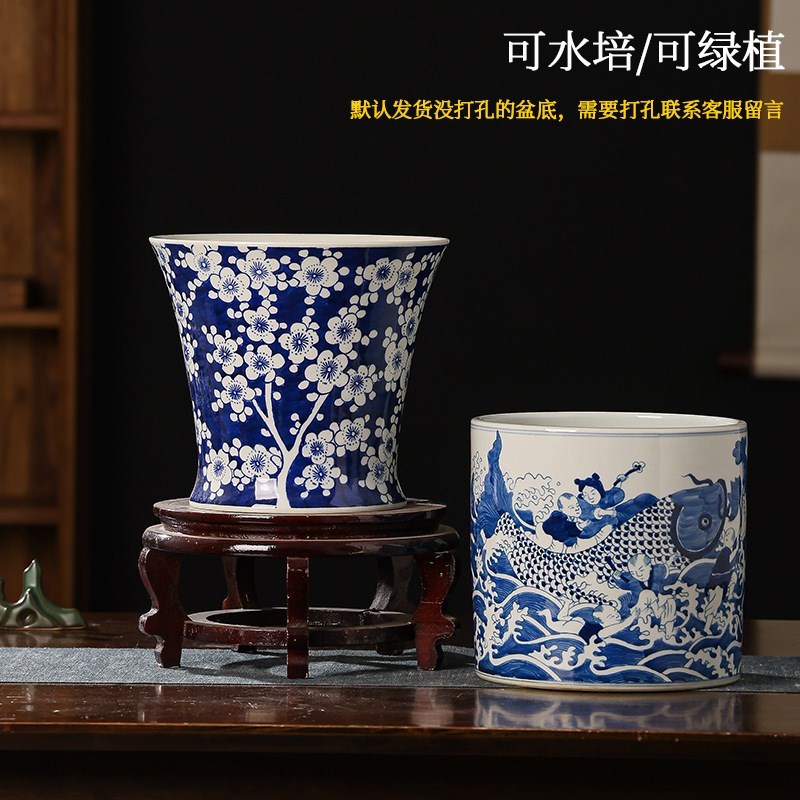 手绘瓷陶瓷花盆大号铁树盆阳台O水培盆栽圆形家用