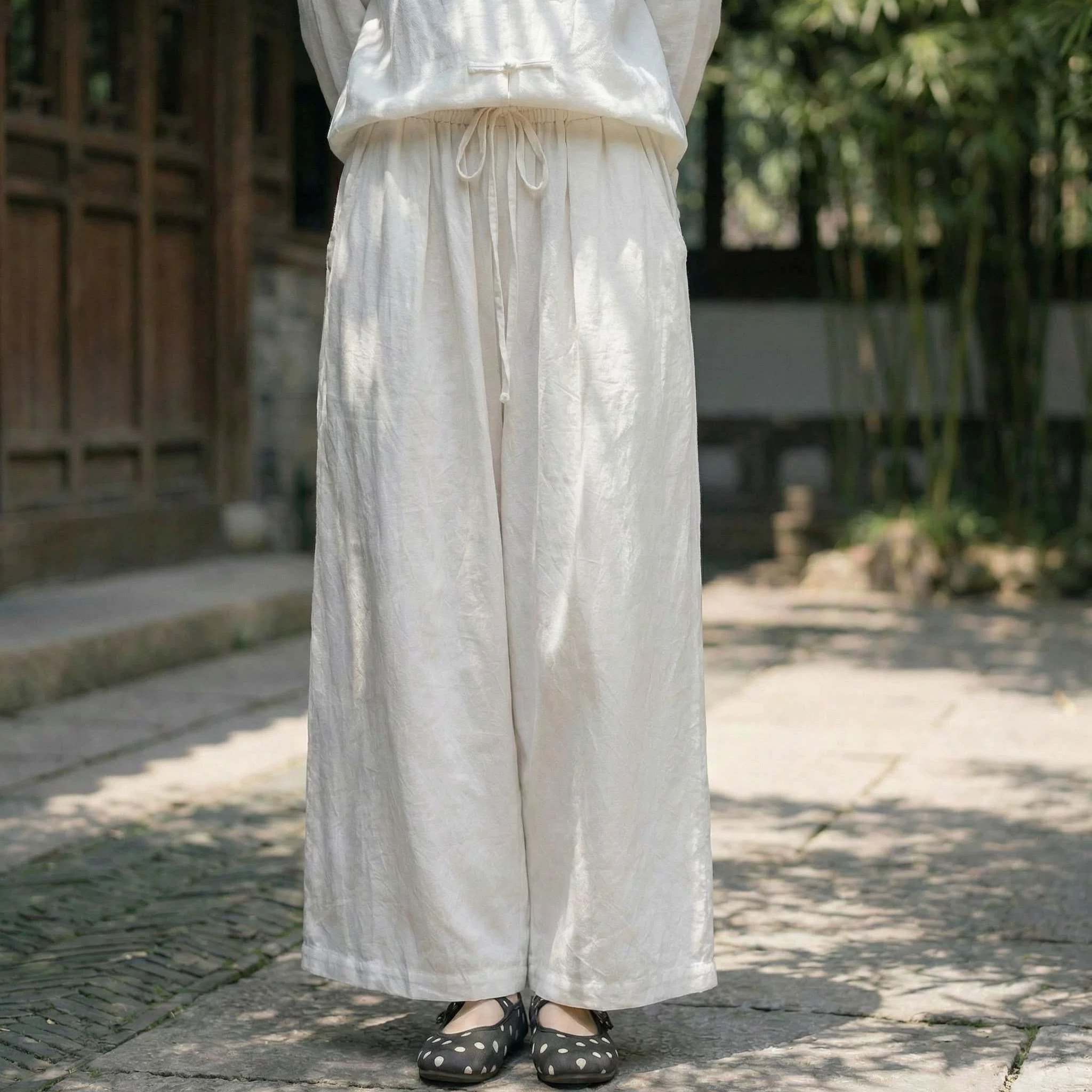 青织谣夏季苎麻类阔腿裤文艺休闲纯色裤裙女飘逸气质大白色裤子