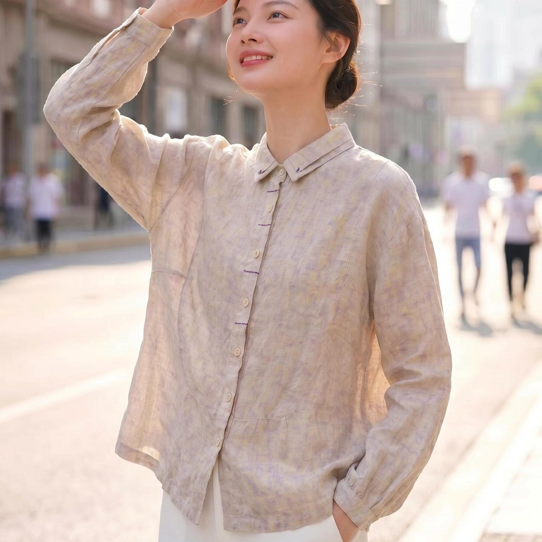 青织谣春夏新品麻色汉麻长袖衬衫文艺复古宽松燕尾领上衣女士衬衣