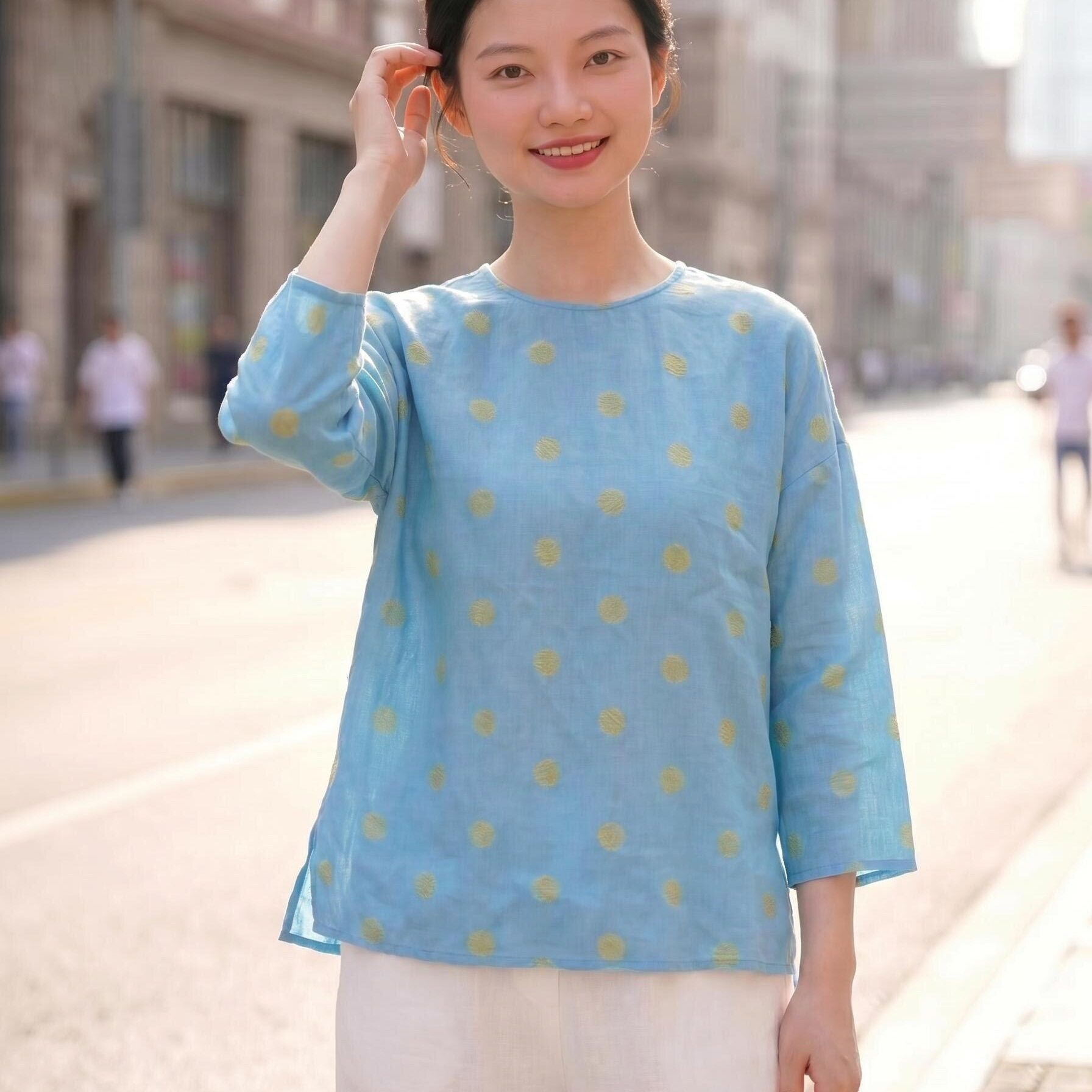 青织谣夏亚麻海蓝色波点提花圆领朴素套头宽松简约衬衫七分袖蓝色