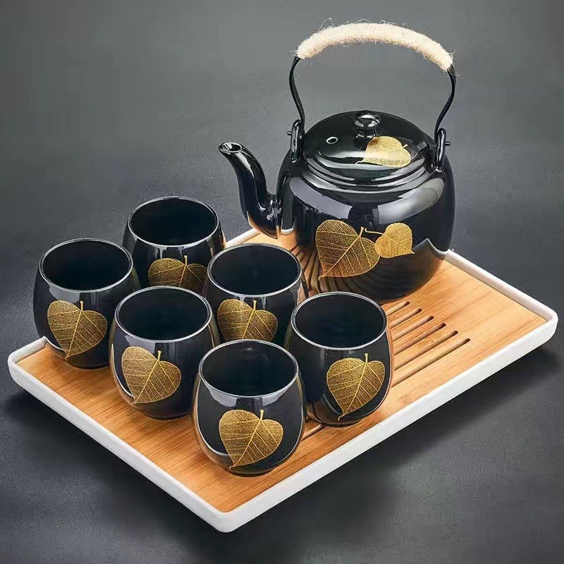 黑釉大容量茶具套装简约日式陶瓷C提梁壶茶杯整套家用办公送礼代
