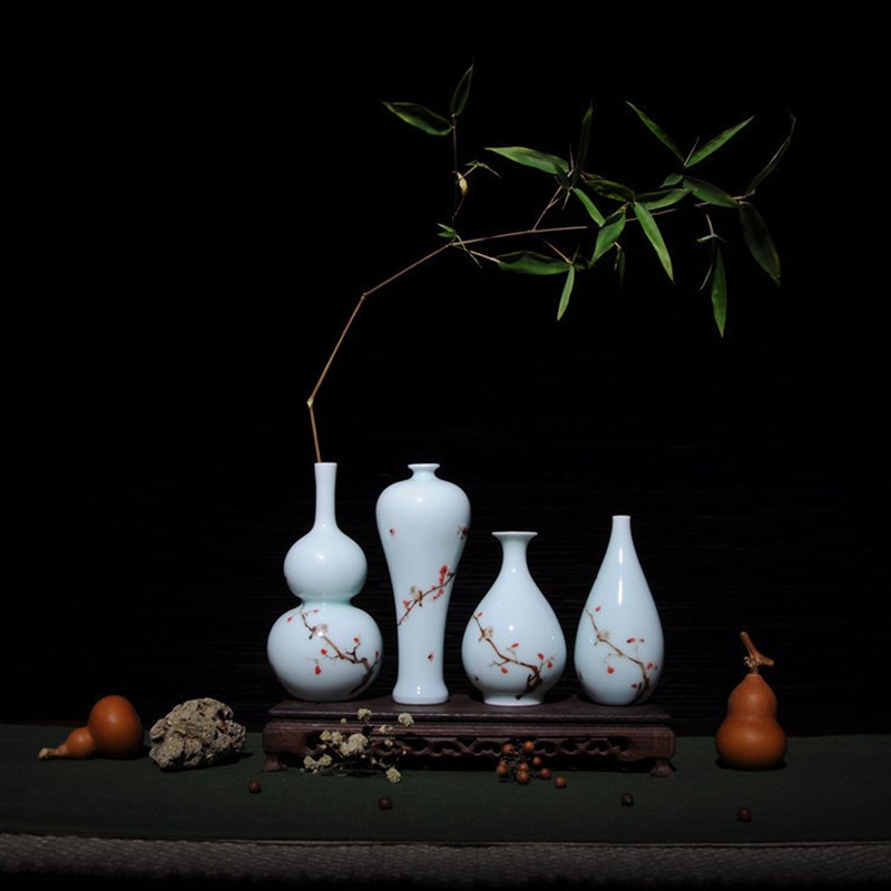 小鸟缠枝莲花插花瓶陈设手绘陶瓷工艺品梅L瓶玉壶春水滴摆件多肉
