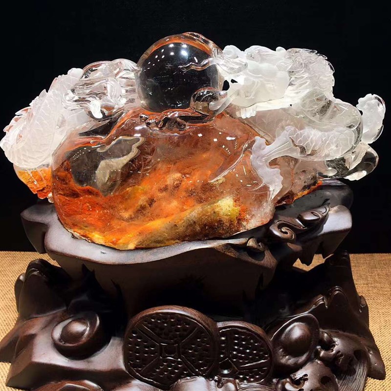 天然橙红幽灵g发晶祥龙戏珠幽灵千层山聚宝盆全包裹原石水晶摆件