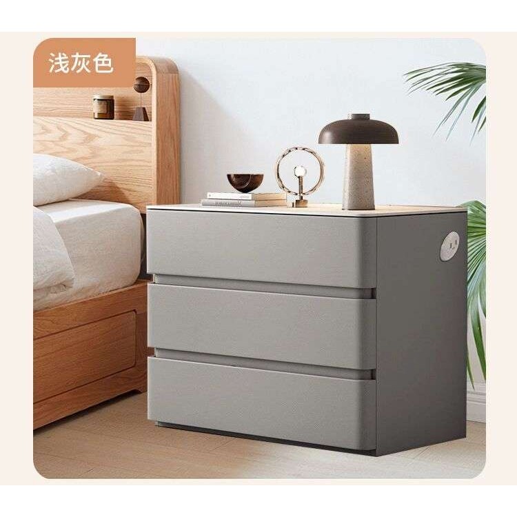 轻奢岩板床头柜现代简约卧室实木家用床边柜高级收纳三斗柜客厅