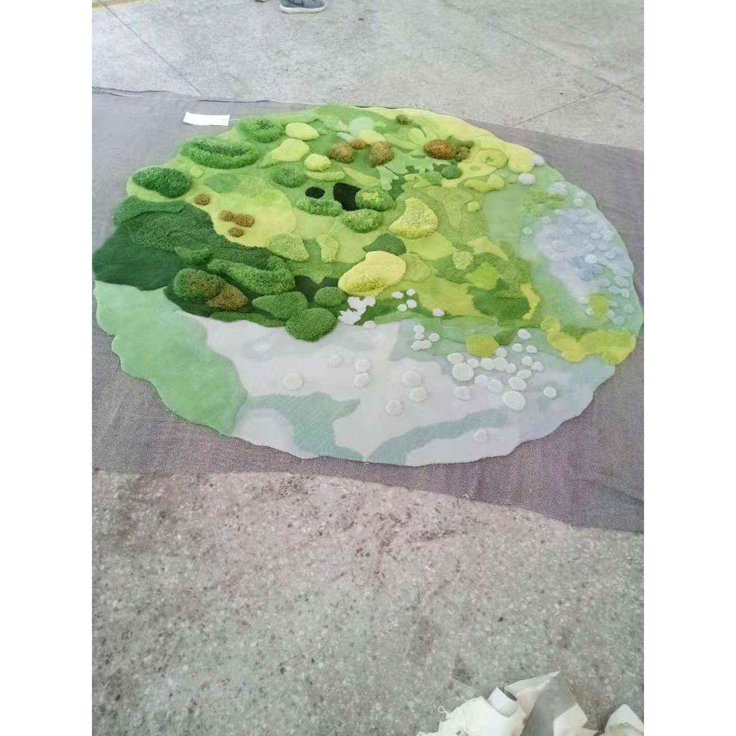 蓝绿色草坪高档手工地毯纯羊毛加厚长毛地毯风景图案厂家直销