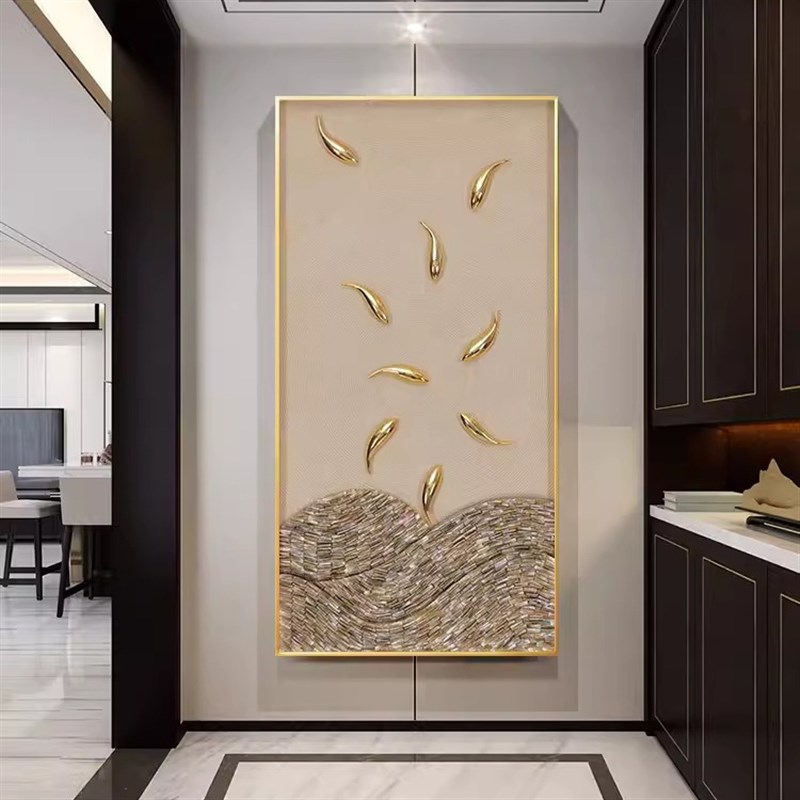 聚财九鱼图入户玄关装饰画手工贝壳油画竖版轻奢高档走廊过道挂画