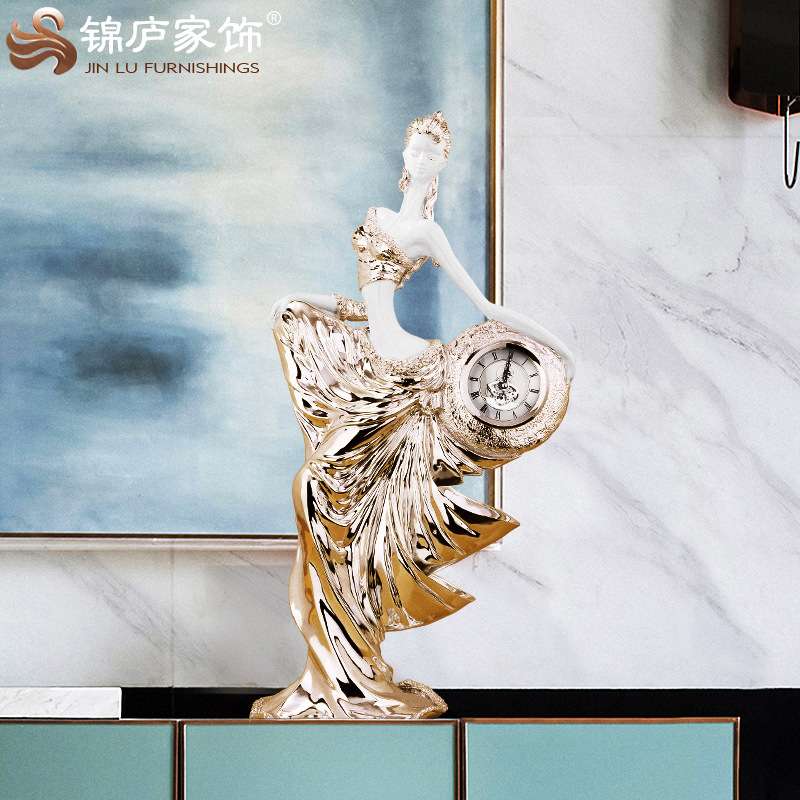人物雕塑美女时钟欧式家居摆件客厅创意台钟酒柜电视柜时钟工艺品