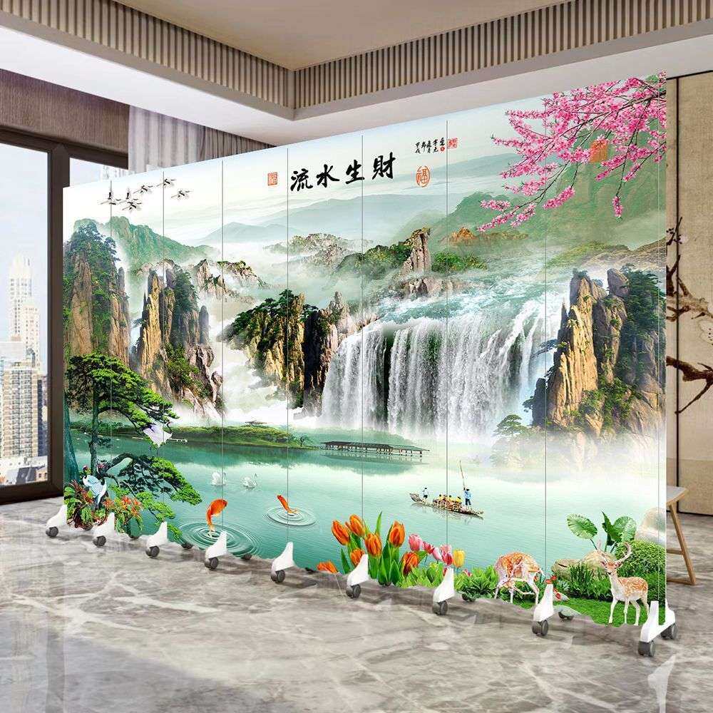 屏风隔断墙流水生财风景玄关山水国画会议办公室瀑布饭店酒店聚财