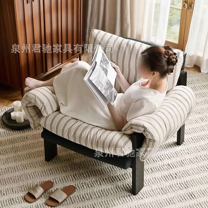 轻奢法式沙发椅民宿阳台休闲布艺条纹懒人沙发中古风实木拆洗单椅