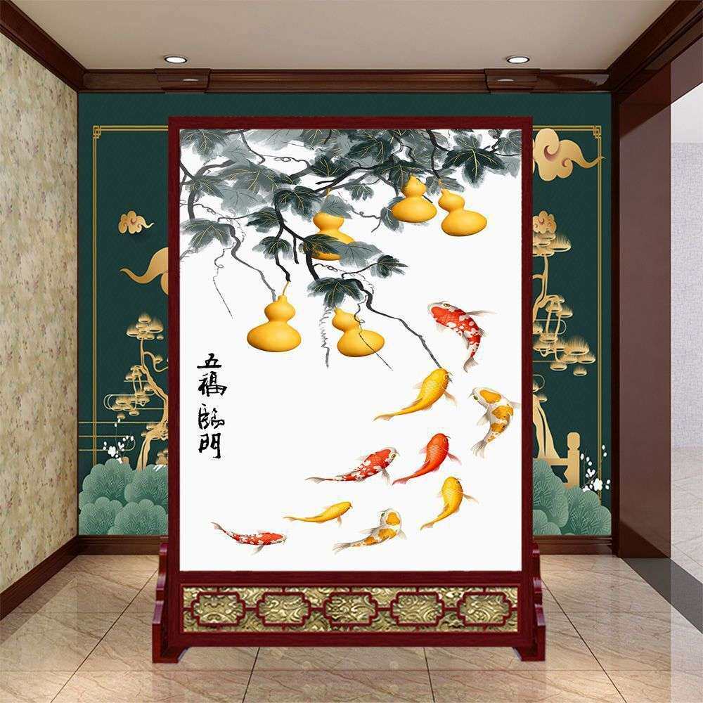 中式屏风隔断入户客厅卧室遮挡风水玄关双面防水布艺实木简易座屏
