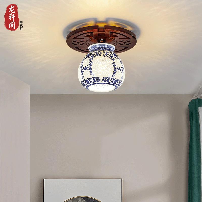 新中式仿古陶瓷过道灯走廊灯玄关灯实木led中式小吸顶灯阳台灯具
