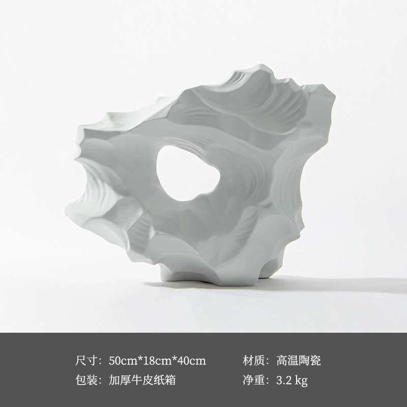 新中式极简水墨陶瓷太湖石珊瑚石头售楼处样板房酒柜摆件软装饰品