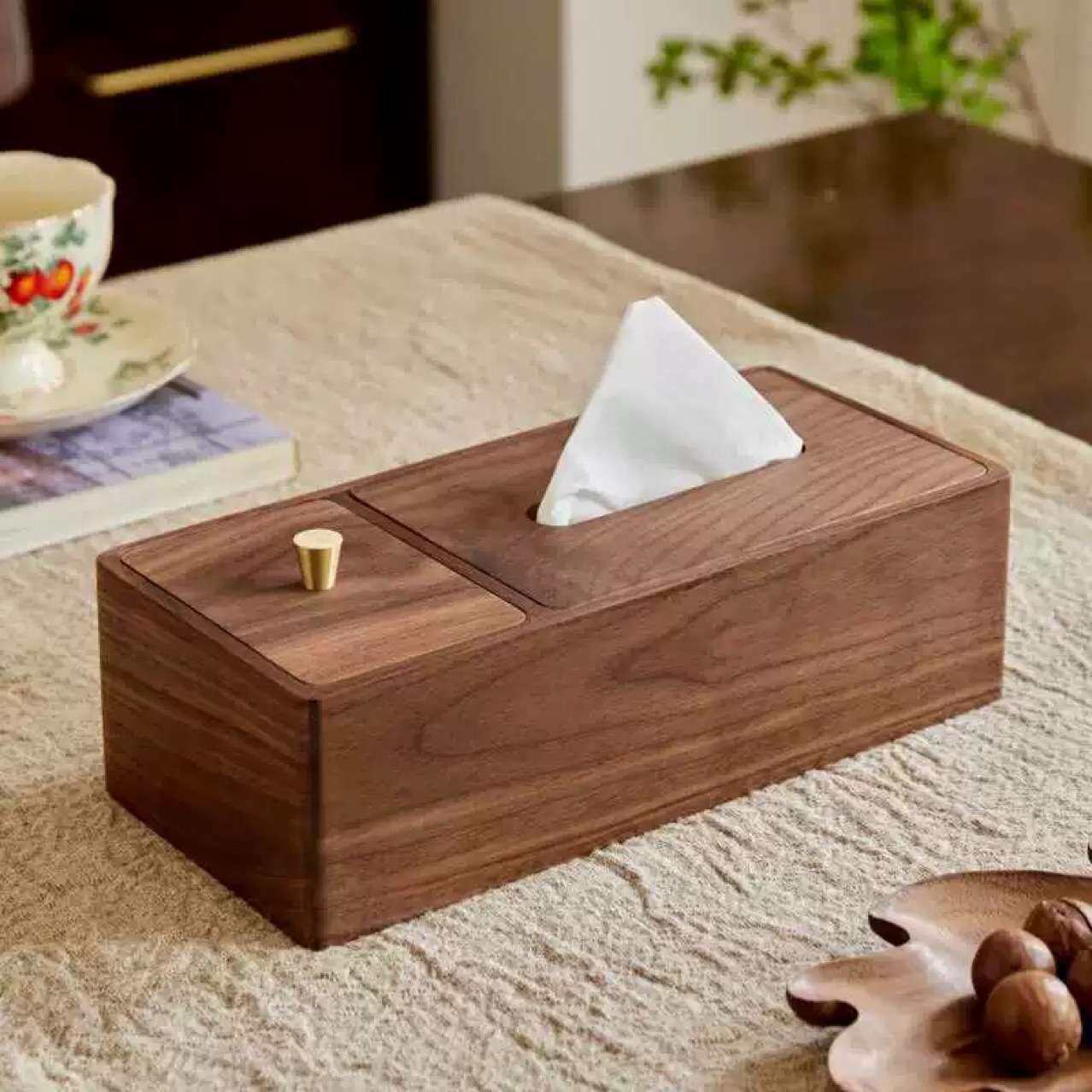 黑胡桃简约木牙线棉棒收纳一体抽纸纸巾盒客厅高档多功能桌面收纳