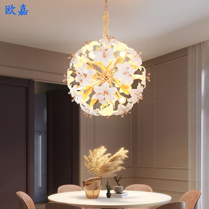 欧式轻奢金色陶瓷百合水晶吊灯