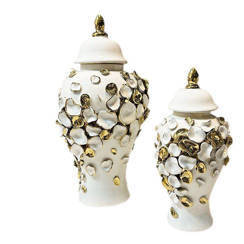 现代轻奢手工贴花电镀金色陶瓷将军瓶G样板房客厅玄关插花花瓶摆