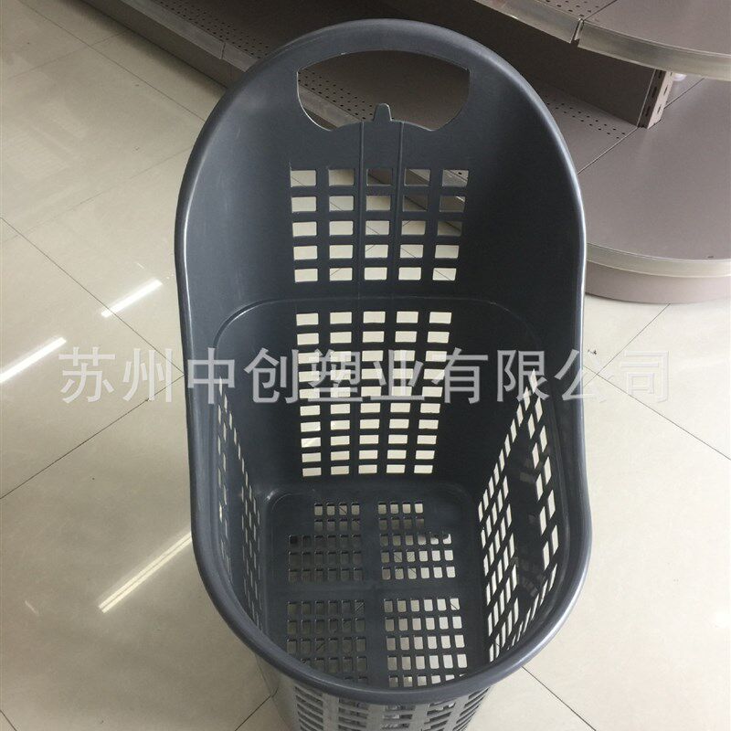 80L超大号超市l购物篮买菜篮塑料手提篮灰色四轮拉杆手柄篮子